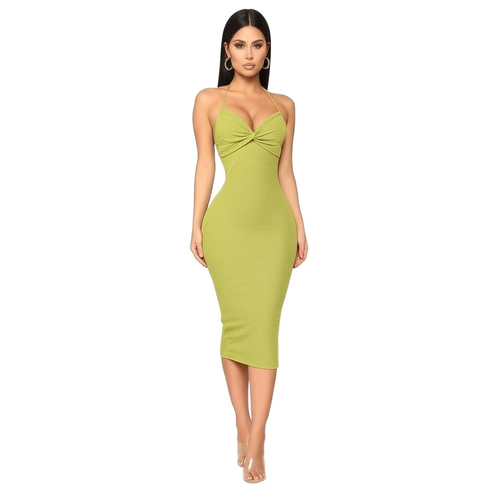 FASHION NOVA NWOT Lime Green Shimmery Midi Bodycon‎ Halter Dress Womens Medium